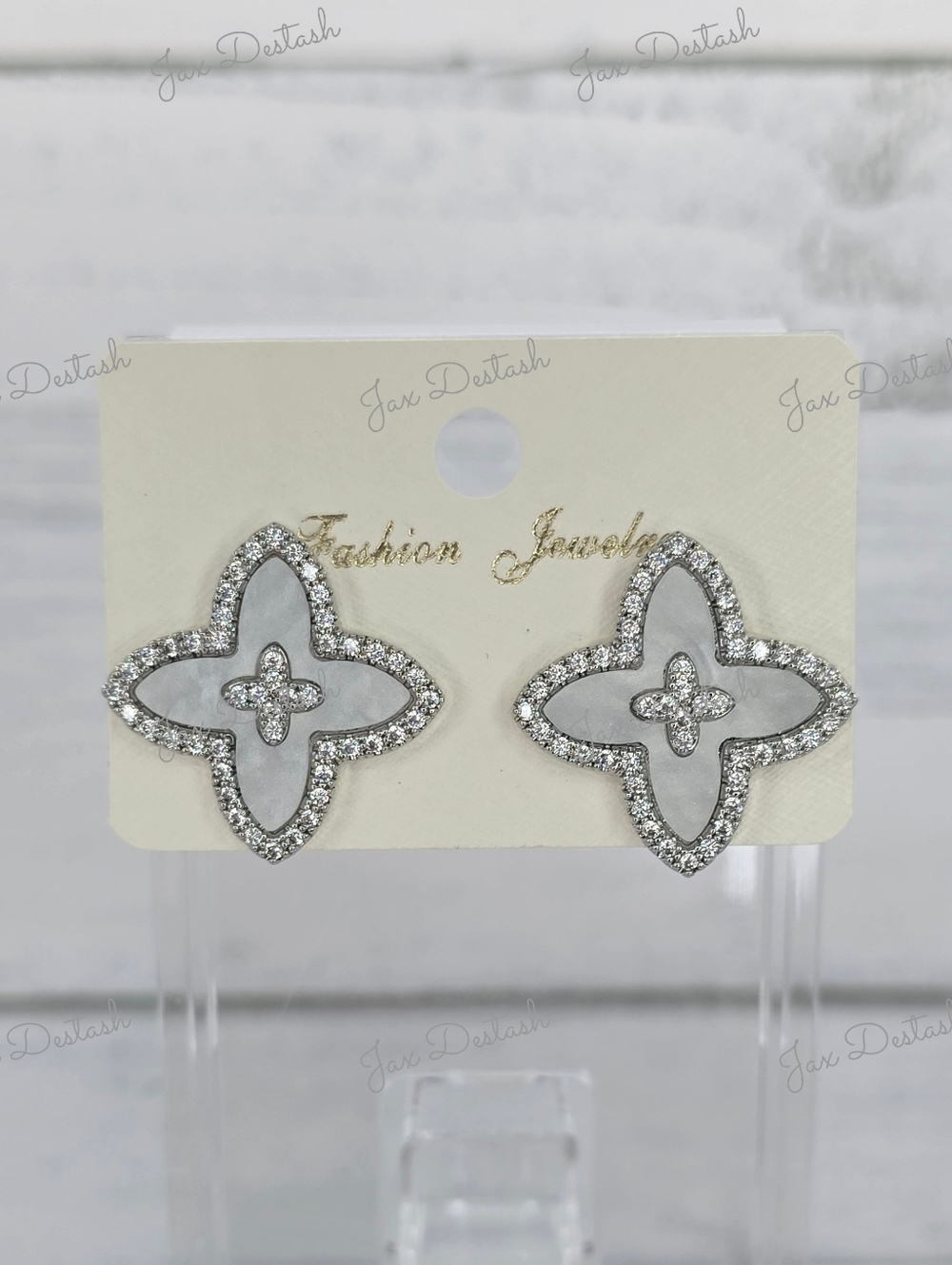 Silver Tone and White Crystal Clover Stud Earrings ER4848